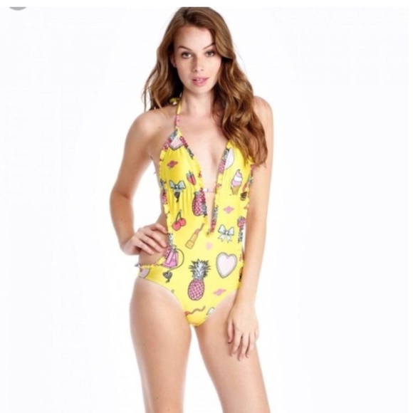 NWT Wildfox Yellow Emoji Cutout Monokini One Piece Sz. S - Picture 2 of 2